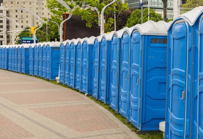 a line of brightly-colored portable restrooms, perfect for outdoor festivals and concerts in Belfast TN